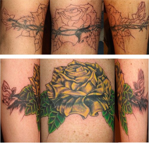 Yellow Flower And Barbed Wire Tattoo